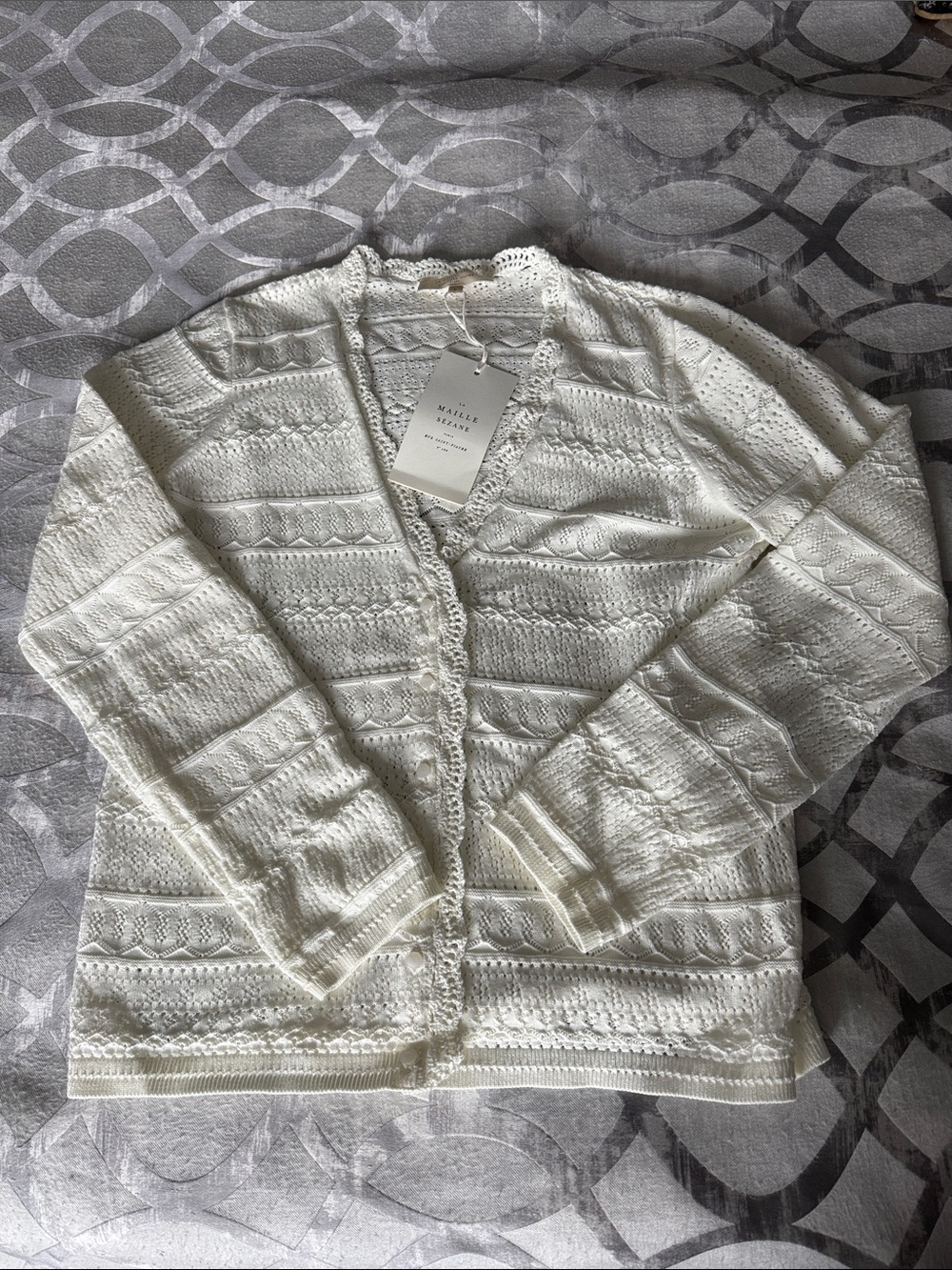 Sezane Cream Openwork Knit Cardigan